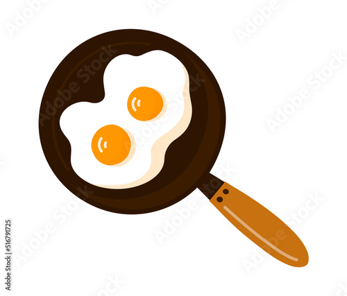 Cooked fried eggs in a frying pan. Nutritious omelet. Tasty breakfast. Hot pan. Healthy food. Protein chicken product. Flat vector illustration isolated on white background