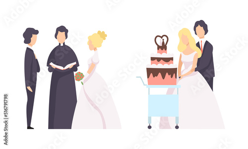 Newlyweds Couple as Just Married Male and Female in Wedding Dress and Suit Taking Oath and Standing Near Cake Vector Set