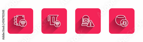 Set line Digital door lock, Smart electric kettle, Ringing alarm bell and Voice assistant with long shadow. Red square button. Vector