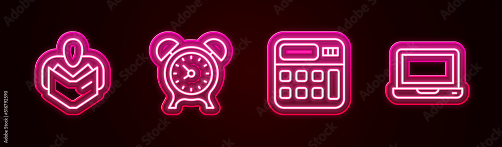 Set line Man reading book, Alarm clock, Calculator and Laptop. Glowing neon icon. Vector Set line Man reading book, Alarm clock, Calculator and Laptop. Glowing neon icon. Vector