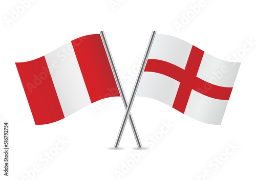 Peru and England crossed flags. Peruvian and English flags on white background. Vector icon set. Vector illustration.