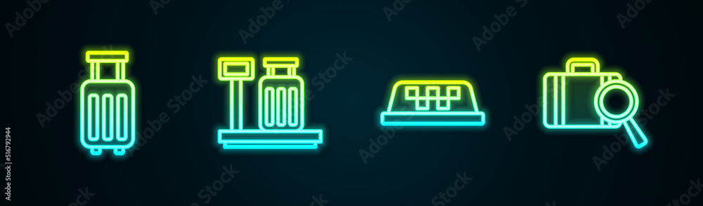 Set line Suitcase, Scale with suitcase, Taxi car roof and Lost baggage. Glowing neon icon. Vector Set line Suitcase, Scale with suitcase, Taxi car roof and Lost baggage. Glowing neon icon. Vector