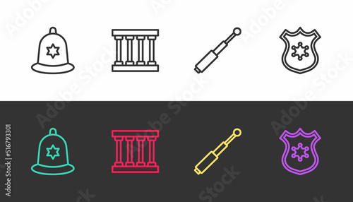 Set line British police helmet, Prison window, Telescopic baton and Police badge on black and white. Vector