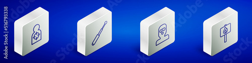 Set Isometric line Human target sport for shooting, Telescopic baton, Thief mask and Protest icon. Vector