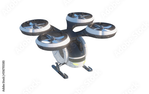 A white unmanned passenger drone taxi flying. 3D render  photo