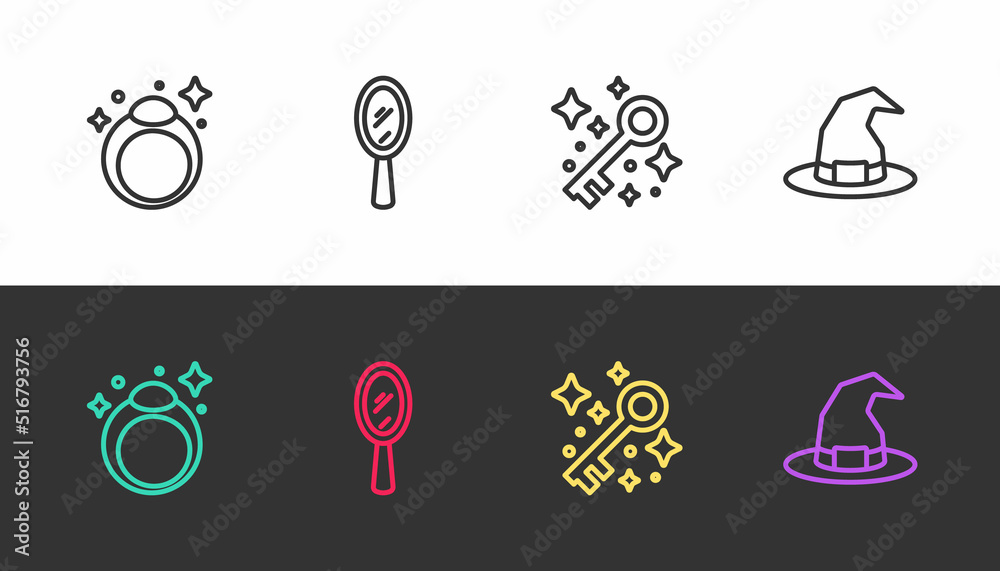 Set line Magic stone ring, hand mirror, Old magic key and Witch hat on black and white. Vector