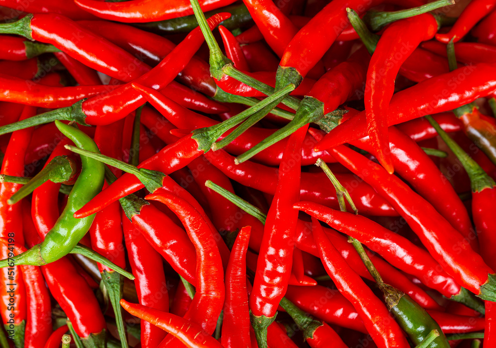 Red chili background,Fresh red chilli for sale at supermarket. Stock Photo Adobe Stock