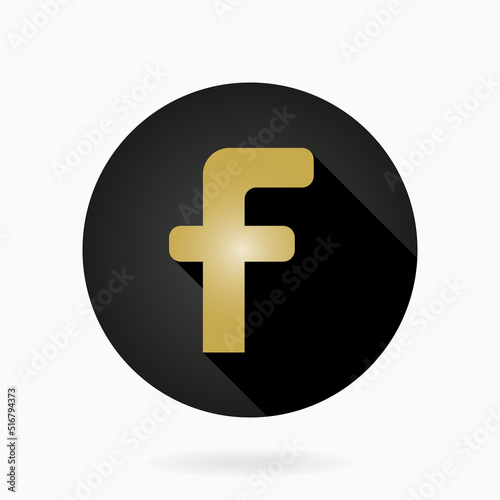 Golden vector letter F in the circle. Flat design and long shadow