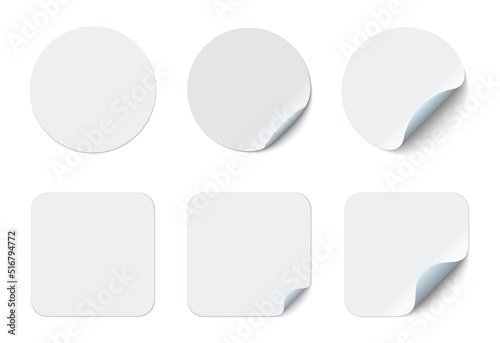 Blank adhesive stickers mock up with curved corner. Mockup empty rectangular sticky label.