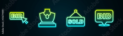 Set line Bid, Auction jewelry sale, sold and . Glowing neon icon. Vector
