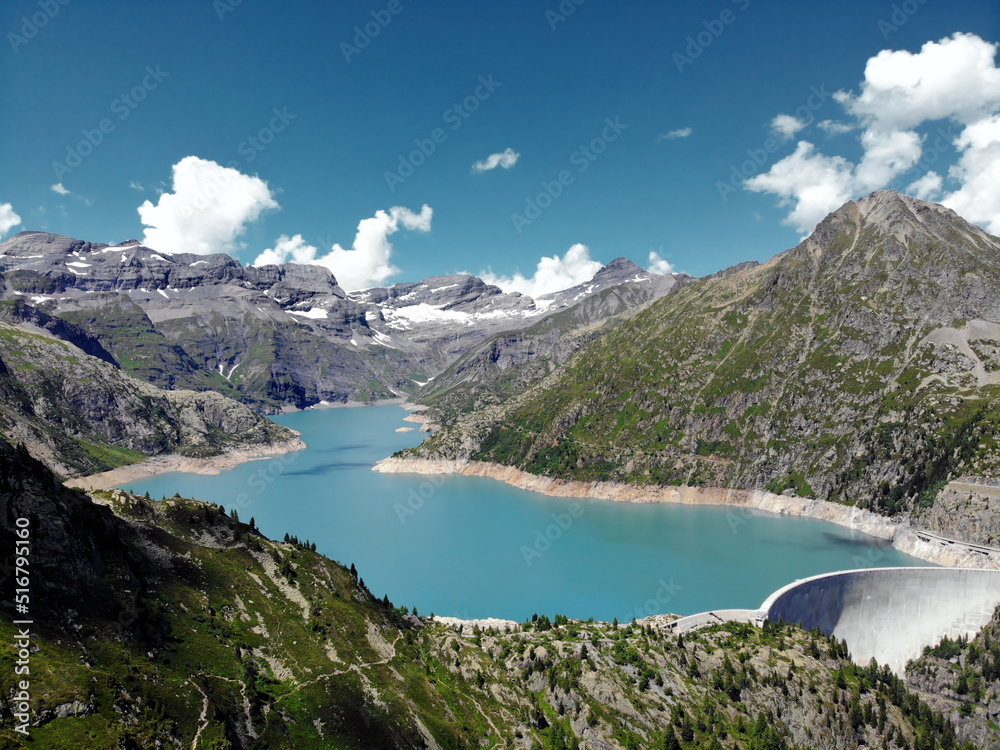 Obraz premium Panoramic view of Mountain lake Emosson with Dam, Valais, Switzerland, Swiss Alps, Barrage d'Emosson.