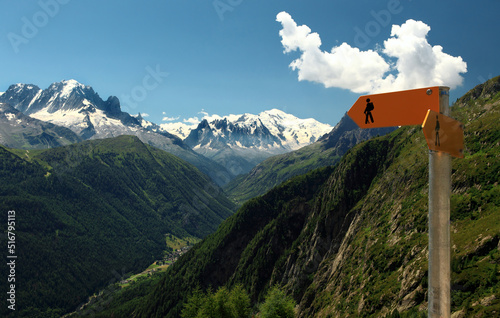 Panoramic view of Mountain lake Emosson with Dam, Valais, Switzerland, Swiss Alps, Barrage d'Emosson, with road signs.