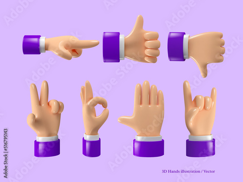 3d hands icon set. Cartoon style hands gestures. Vector realistic illustration.