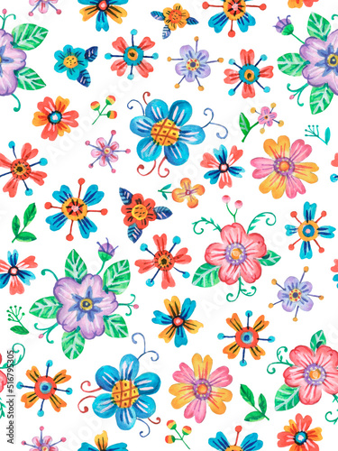 Seamless pattern of flowers and bouquets. Funny childish style. Drawing in watercolor and gouache. Yellow  pink  purple  red  blue and green gamma. Isolated image on a white background.