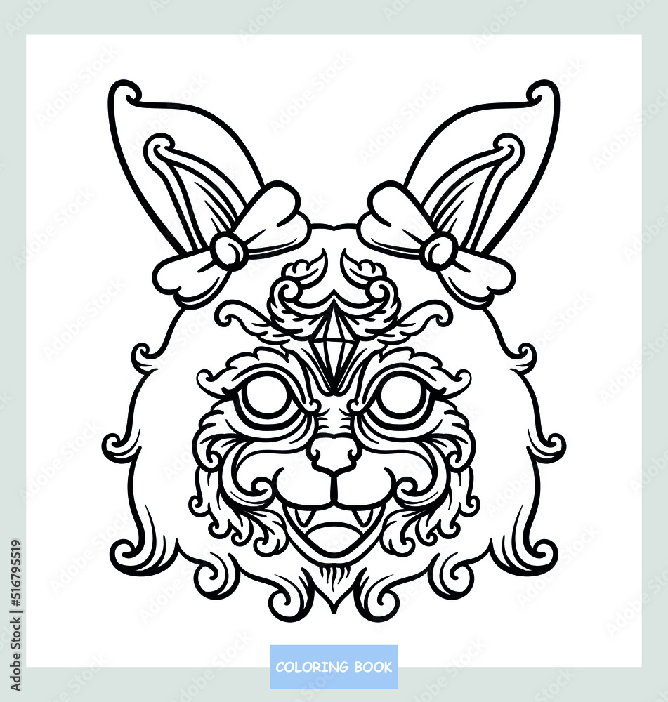 Fototapeta premium Rabbit head of an animals ornamental black and white drawing indian mandala