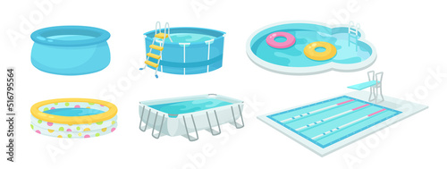 Swimming pools cartoon illustration collection. Various types of inflatable and outdoor pools for outside summer activity. Party, entertainment, recreation, sport concept photo
