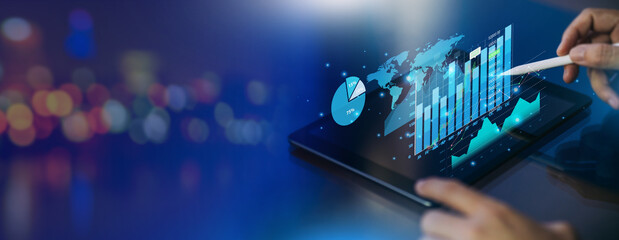 Business analysis big data sciences and economic growth with financial graph. Concept of virtual dashboard technology digital marketing and global economy investment network. 3D illustration banner.