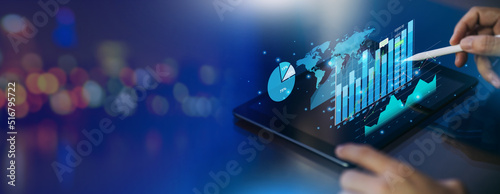 Business analysis big data sciences and economic growth with financial graph. Concept of virtual dashboard technology digital marketing and global economy investment network. 3D illustration banner.