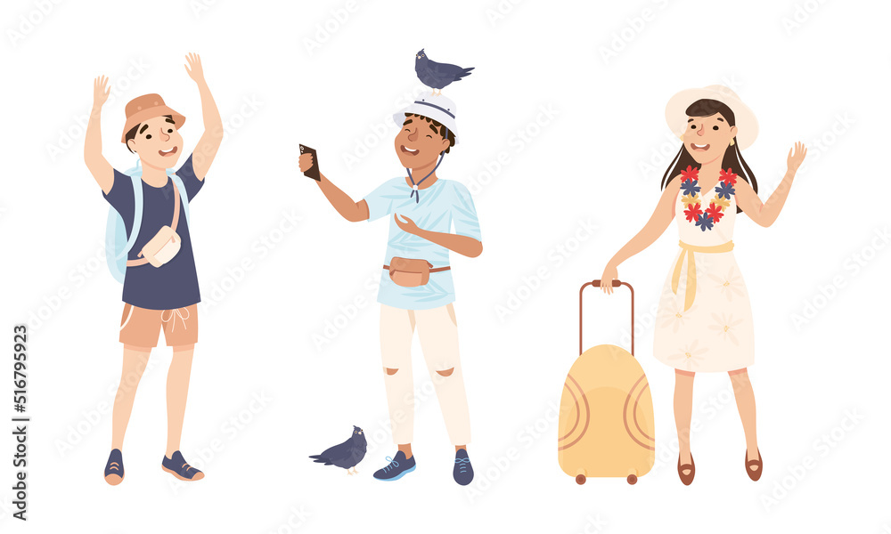 Fototapeta premium Happy people travelling on summer vacation set. Men and woman tourists with travel bag and camera cartoon vector illustration