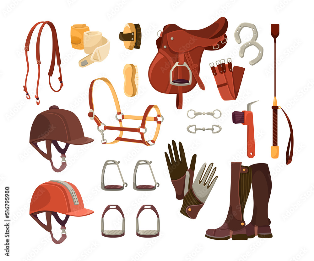 Equestrian sport accessories cartoon illustration set. Equipment