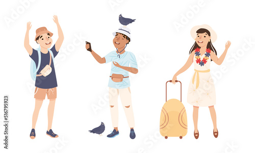 Happy people travelling on summer vacation set. Men and woman tourists with travel bag and camera cartoon vector illustration