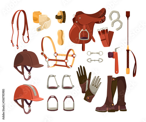 Equestrian sport accessories cartoon illustration set. Equipment for horse riding, helmet, brushes, tack, gloves, girth, uniform and saddle. Competition, race concept photo