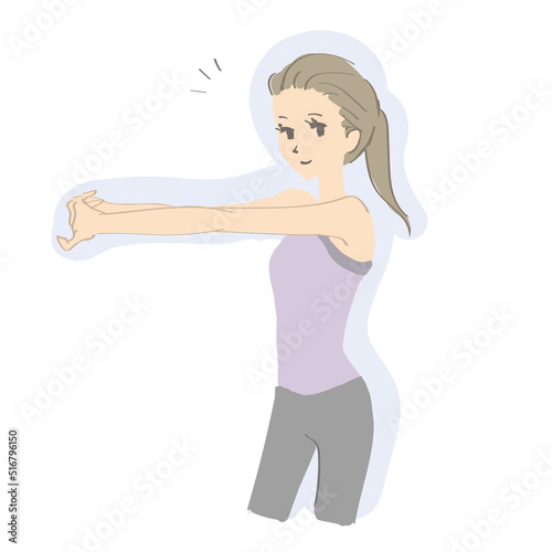 腕のストレッチをする女性　フィットネスイメージ　イラスト