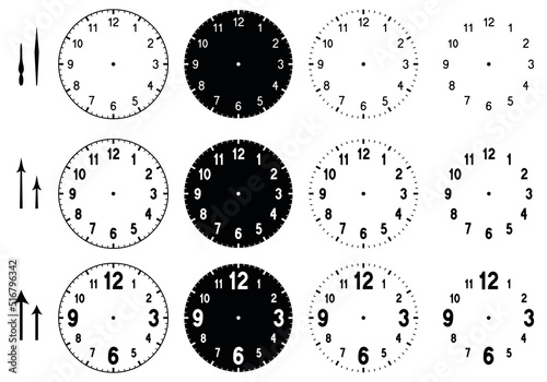 Modern Clock Face Template Clipart Set - Outline and Silhouette