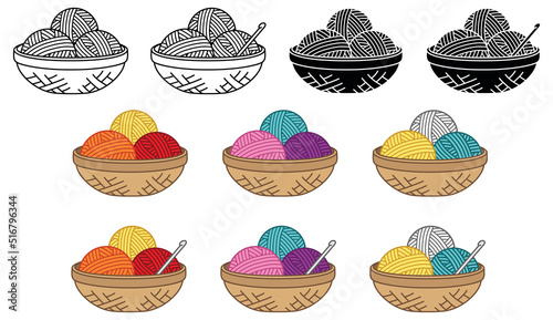 Basket of Yarn and Crochet Hook Clipart Set - Outline, Silhouette and Color