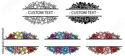 Floral / Flower Split Label Template Clipart Set - Outline, Silhouette and Color