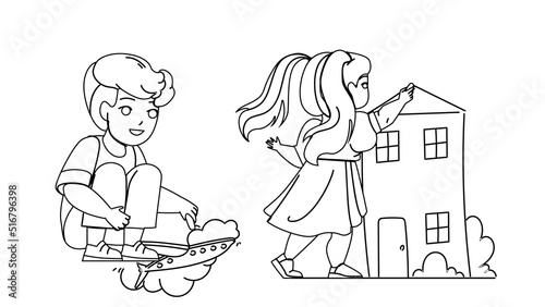Children Drawing With Chalk Togetherness Vector. Boy Drawing Airplane On Floor And Girl Draw House Picture On Wall. Characters Kids Creativity Leisure And Funny Time black line illustration