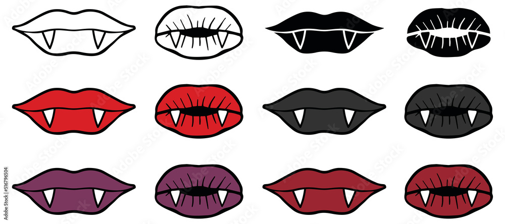 Vampire Lips with Fangs Vector Clipart Set - Outline, Stamp and Color Vampire Lips with Fangs Vector Clipart Set - Outline, Stamp and Color