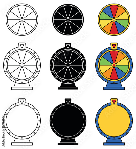 10 Segment Game Spin Wheel Clipart Set - Outline, Silhouette and Color