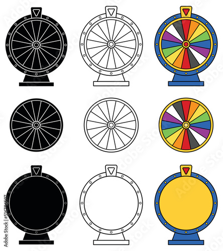 16 Segment Game Spin Wheel Clipart Set - Outline, Silhouette and Color