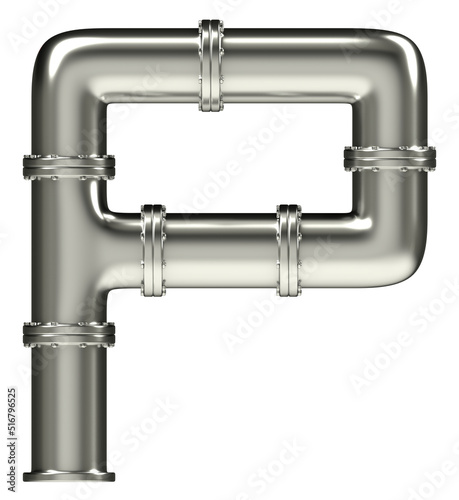 Letter P made of steel pipes, isolated on white, 3d rendering