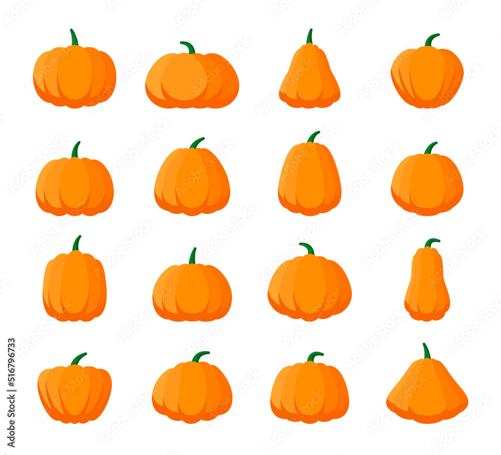 Pumpkins for Halloween or Thanksgiving vector illustrations set. Cartoon drawings of orange vegetable, squash or gourd isolated on white background. Halloween, holidays, autumn, agriculture concept Pumpkins for Halloween or Thanksgiving vector illustrations set. Cartoon drawings of orange vegetable, squash or gourd isolated on white background. Halloween, holidays, autumn, agriculture concept