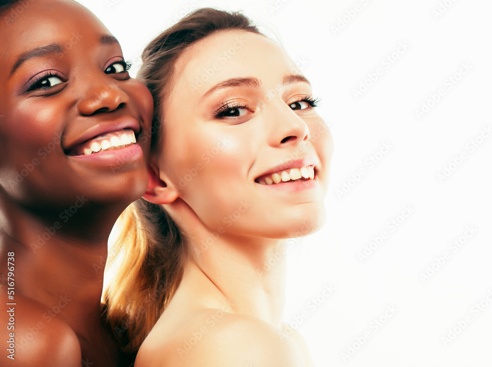 different nation woman: african-american and caucasian together isolated on white background happy smiling, diverse type on skin, lifestyle people concept different nation woman: african-american and caucasian together isolated on white background happy smiling, diverse type on skin, lifestyle people concept