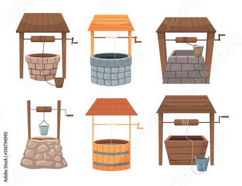 Wooden and stone wells flat vector illustrations set. Cartoon drawings of old wells with or without roofs and buckets for water isolated on white background. Countryside, agriculture concept