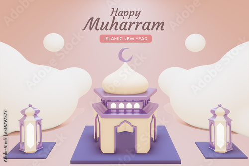 1444 Hijri Islamic new year. Happy Muharram. Muslim community festival Eid al ul Adha Mubarak greeting card with 3d mosque and lantern. Template for menu, invitation, poster, banner, card photo