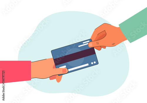 Male and female hands holding credit card. Husband and wife planning family budget together flat vector illustration. Banking, finances concept for banner, website design or landing web page