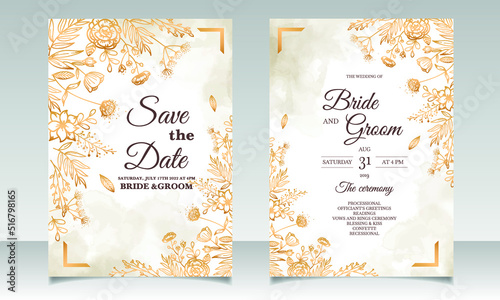 Beautiful floral golden nature wedding invitation card design templates