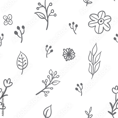 Leaves and flowers seamless pattern. Doodle nature elements background texture. Botanical design.