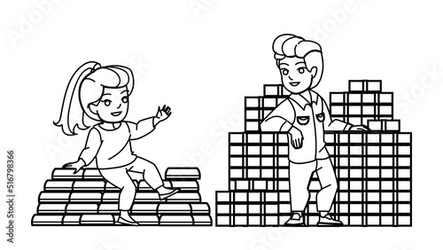 kid millionair vector. money gold cash boy girl, rich child, boss bonus kid millionair character. people black line pencil drawing vector illustration