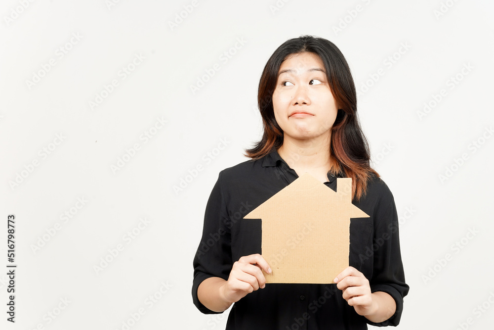 Holding House Cutout of Beautiful Asian Woman Isolated On White Background Holding House Cutout of Beautiful Asian Woman Isolated On White Background