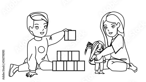 kid play toys vector. child home room, little game, baby fun, toddler floor indoor kid play toys character. people black line pencil drawing vector illustration