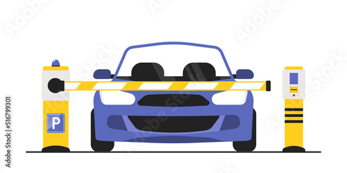 Car parking concept. Parking zone with payment system. Car front view. Parking entrance with barrier. The car passes through a restrictive barrier into paid parking lot. Charge parking fee