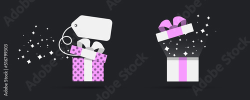 Opened gift boxes with confetti. Surprise boxe with tag. Template design for surprise, celebration event, presents, birthday, discount. Vector illustration