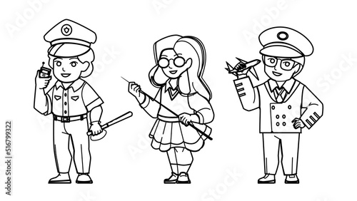 kid profession vector. boy girl child career, future little worker, job costume, teacher pilot police kid profession character. people black line pencil drawing vector illustration