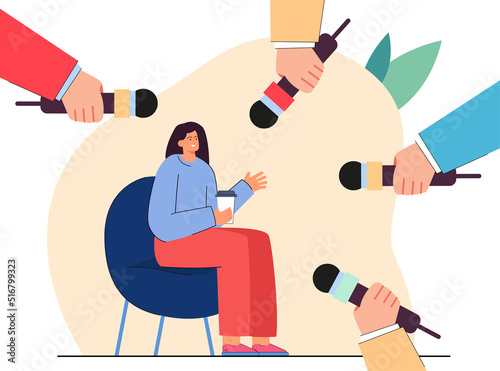 Female celebrity and hands of journalists holding microphones. Woman sitting on chair with coffee cup and answering questions flat vector illustration. Fame, success, journalism concept for banner