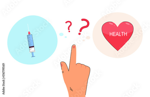Hand of person choosing between syringe and red heart. Thought bubbles with vaccine syringe and heart with word health flat vector illustration. Medicine, healthcare, vaccination concept for banner